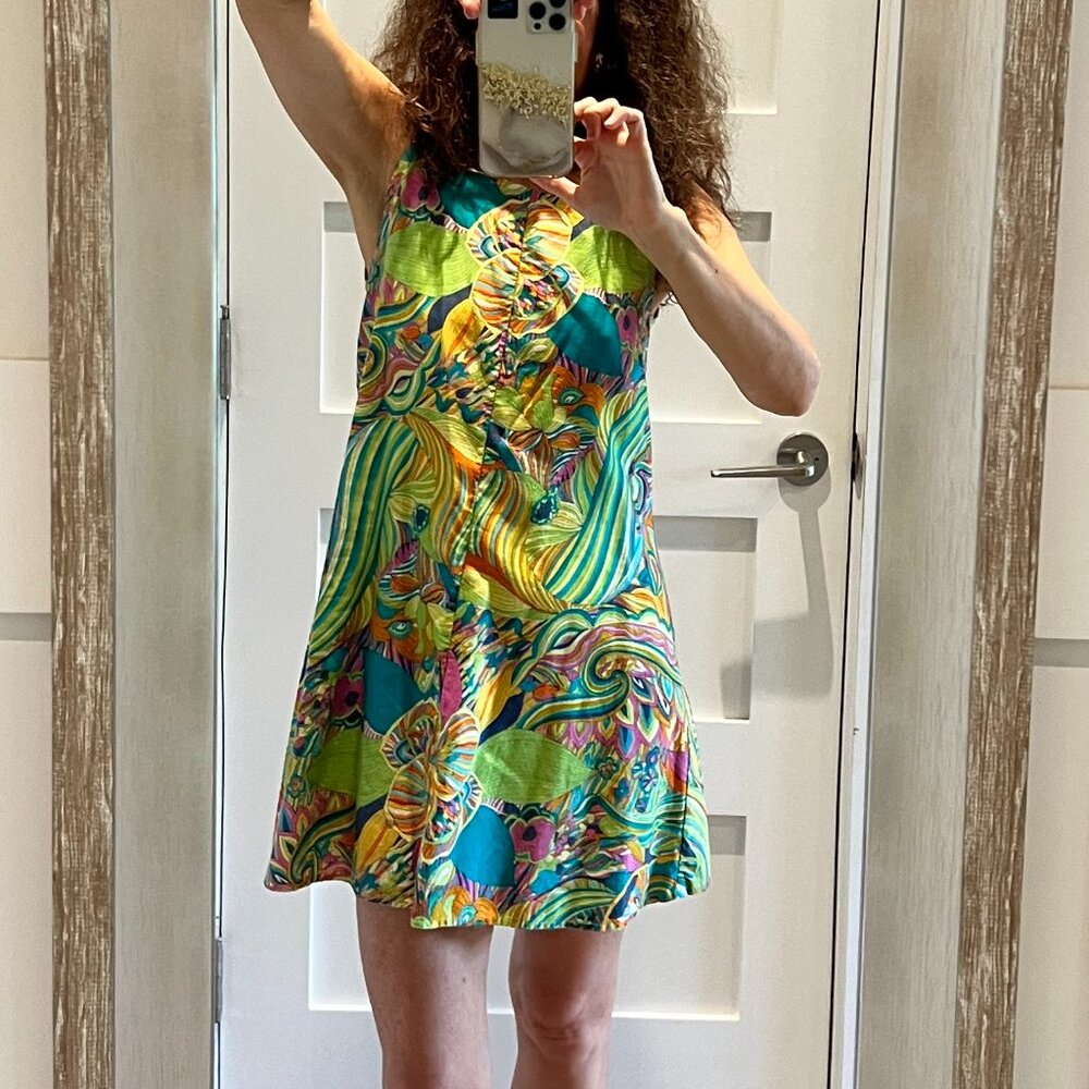 Retro Vintage 1960's XS Cotton Summer Mini Dress, Vibrant Colors, A-LIne